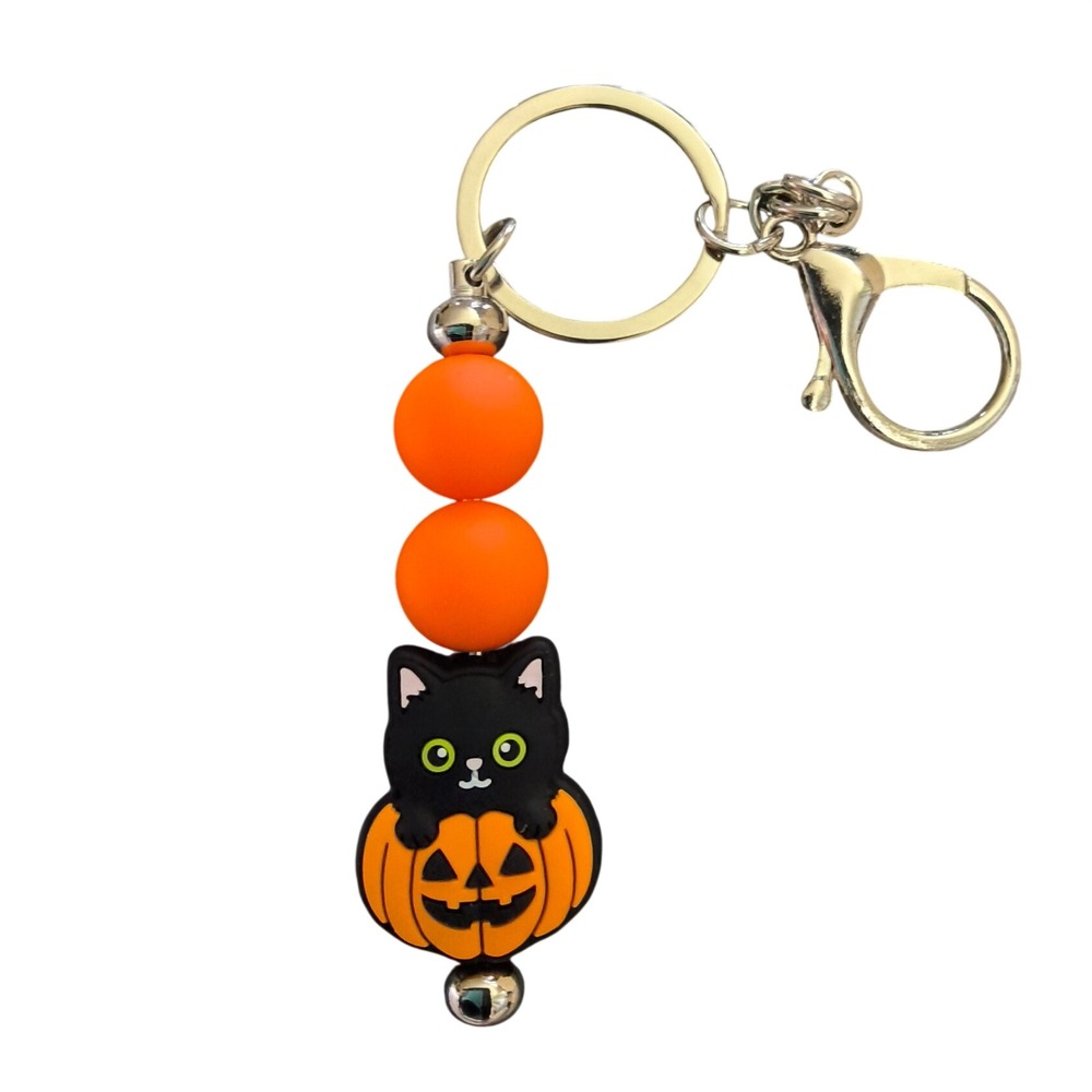 Halloween Beaded Pumpkin Cat Keychain or Bag Charm